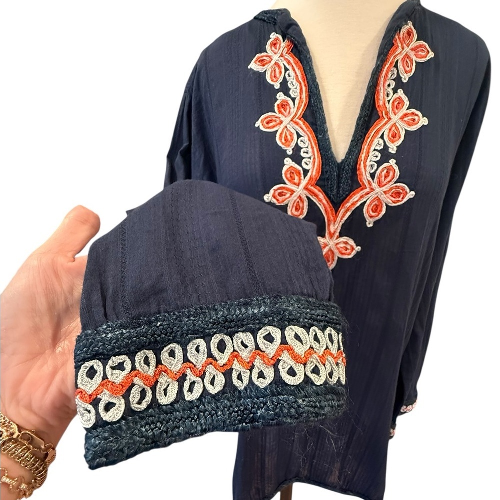 Trina Turk Navy Blue Woven Embroidered V-Neck Long Sleeves Cotton Tunic Sz L - Picture 4 of 11